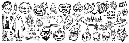 Halloween doodle set, holiday spooky October funny icon, vector horror cartoon scribble, skull, cat. Festive pumpkin face, cute ghost, witch broom, mystery scary celebration symbol. Halloween doodle