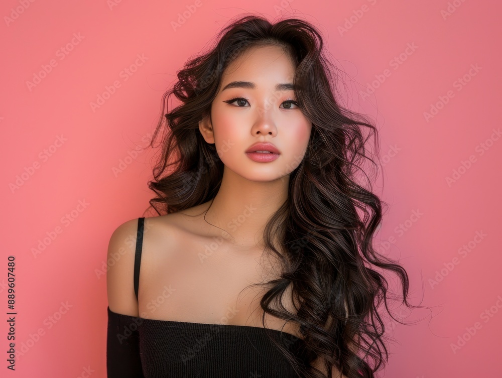 25 year old asian woman with gorgeous twisted curls, long hair coming down from shoulders, posing on pastel mono color solid background 25 year old asian woman with gorgeous twisted curls, long hair coming down from shoulders, posing on pastel mono color solid background
