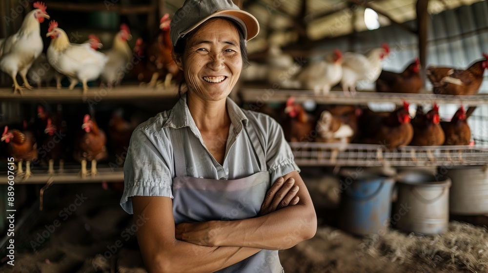 A happy woman stands in her chicken farm, surrounded by a flock of chickens, exemplifying her dedication and joy in working with livestock in a rural setting. A happy woman stands in her chicken farm, surrounded by a flock of chickens, exemplifying her dedication and joy in working with livestock in a rural setting.