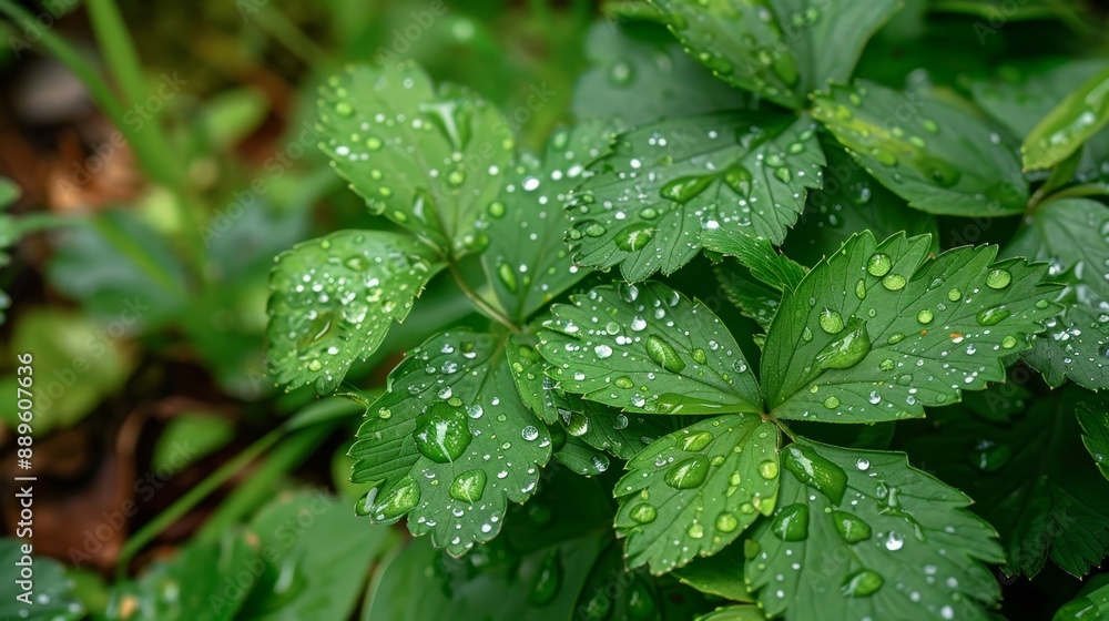 Lush Greenery: Close-up of Vibrant Plants in the Forest After Rain Shower
