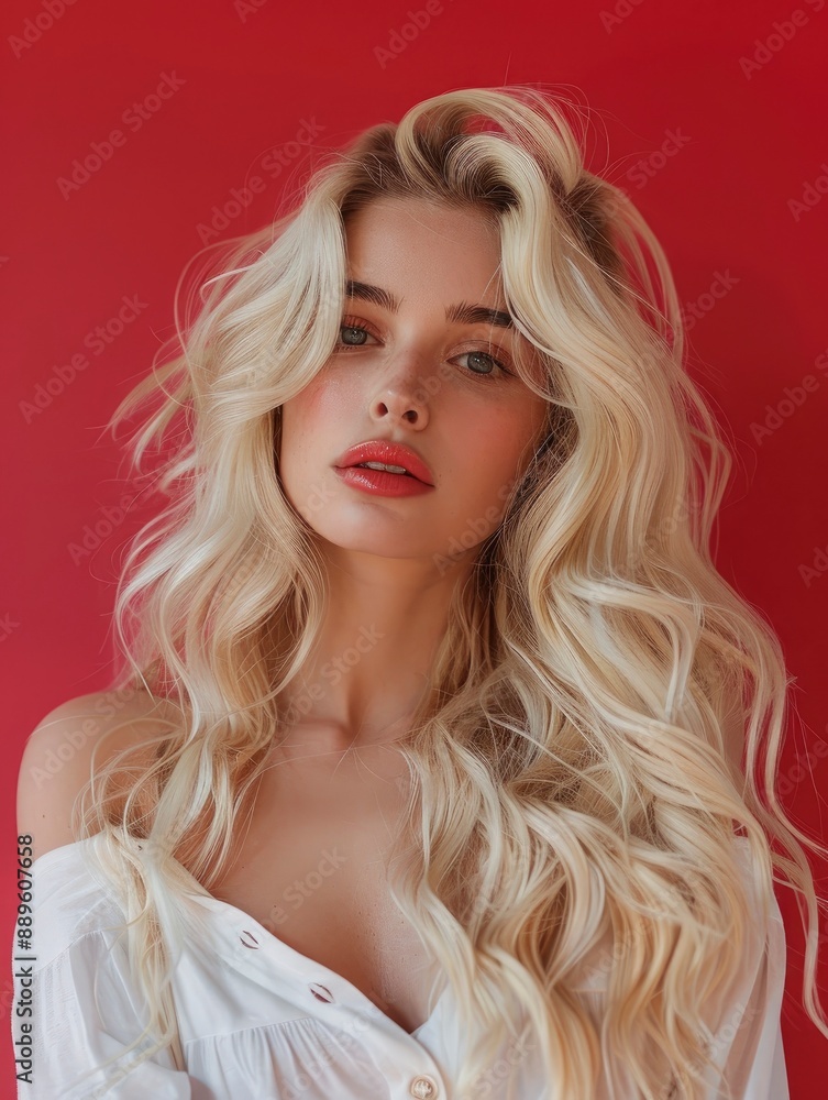 25 year old blonde woman with gorgeous twisted curls, long hair coming down from shoulders, posing on vibrant solid background 25 year old blonde woman with gorgeous twisted curls, long hair coming down from shoulders, posing on vibrant solid background