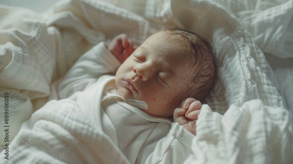 A baby is sleeping in a white blanket A baby is sleeping in a white blanket