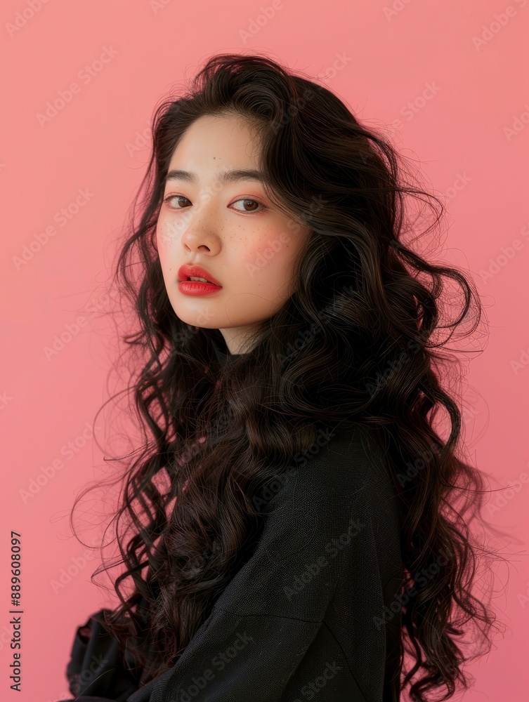 Naklejka premium 25 year old chinese woman with gorgeous twisted curls, long hair coming down from shoulders, posing on pastel mono color solid background
