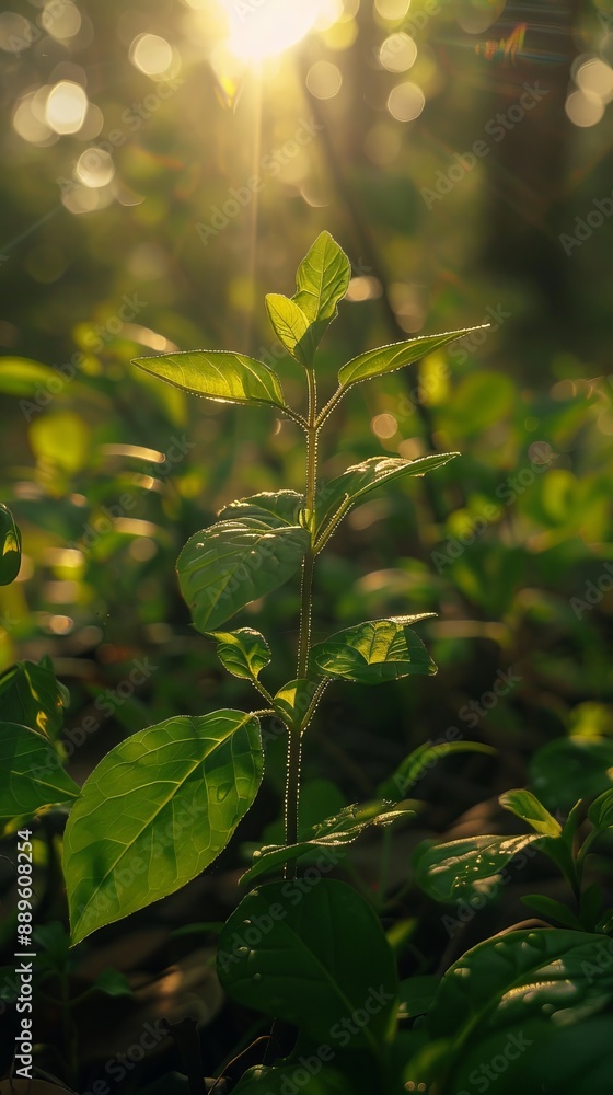 Naklejka premium Serene Small Forest Plants Bathed in Sunlight Filtering Through Leaves