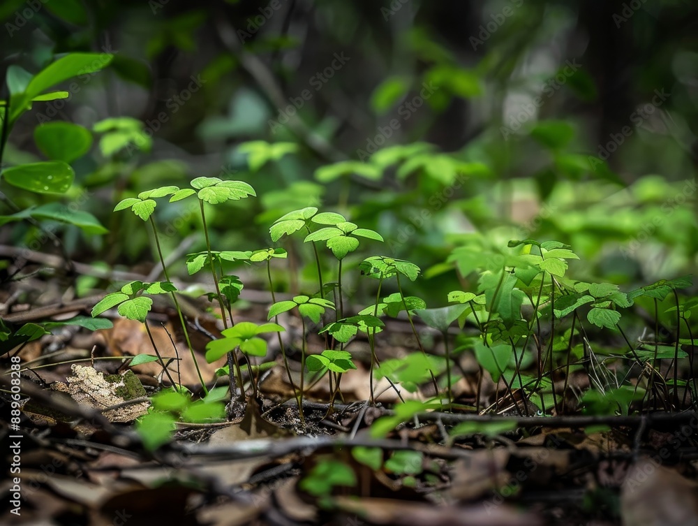 Obraz premium Lush Forest Floor with Delicate Tiny Plants Emerging - Nature Background