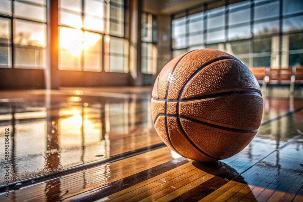A basketball on the floor of a basketball court. The ball is in close-up. A basketball on the floor of a basketball court. The ball is in close-up.