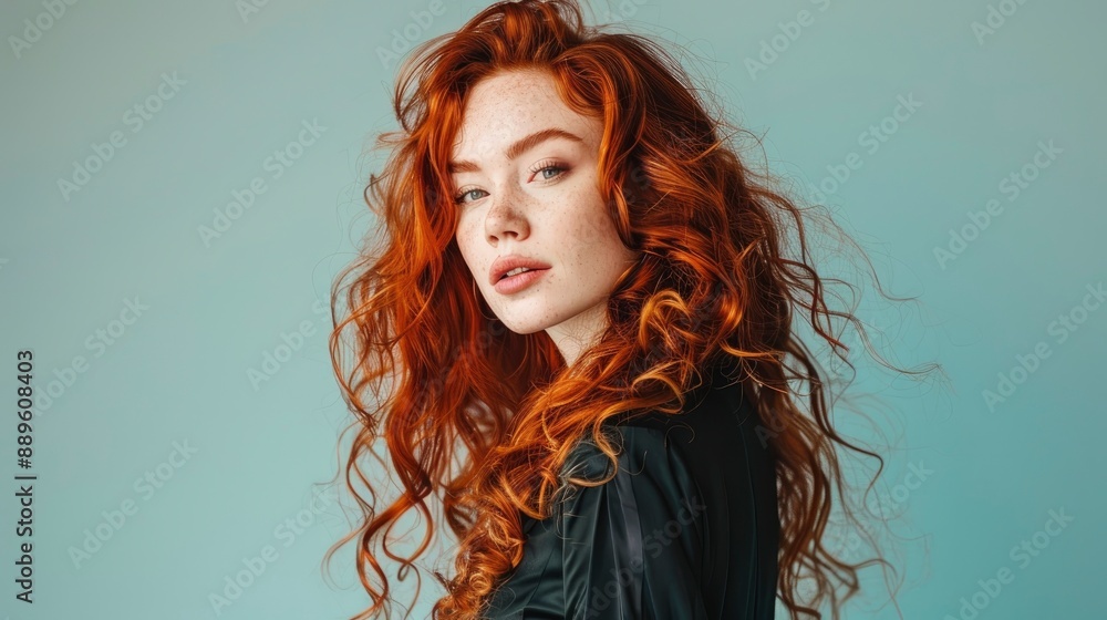 Fototapeta premium 25 year old red-haired woman with gorgeous twisted curls, long hair coming down from shoulders, posing on pastel mono color solid background