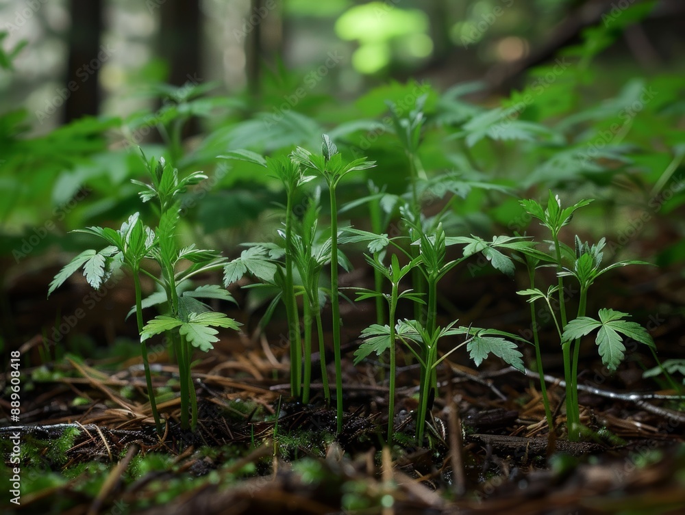 Serene Forest Floor: Small Green Plants Thriving in Underbrush Harmony Serene Forest Floor: Small Green Plants Thriving in Underbrush Harmony