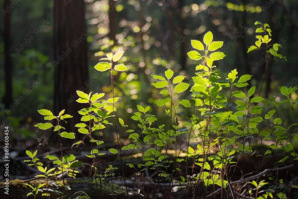 Obraz premium Tranquil Morning Glow on Small Forest Plants