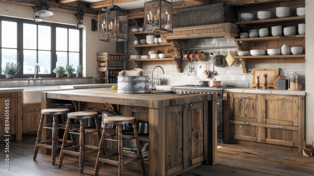 A rustic kitchen with wooden cabinets, a farmhouse sink, an island with bar stools, and open shelving displaying vintage dishware. A rustic kitchen with wooden cabinets, a farmhouse sink, an island with bar stools, and open shelving displaying vintage dishware.