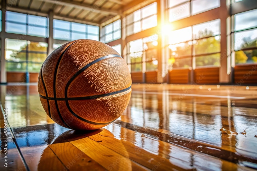 A basketball on the floor of a basketball court. The ball is in close-up. A basketball on the floor of a basketball court. The ball is in close-up.