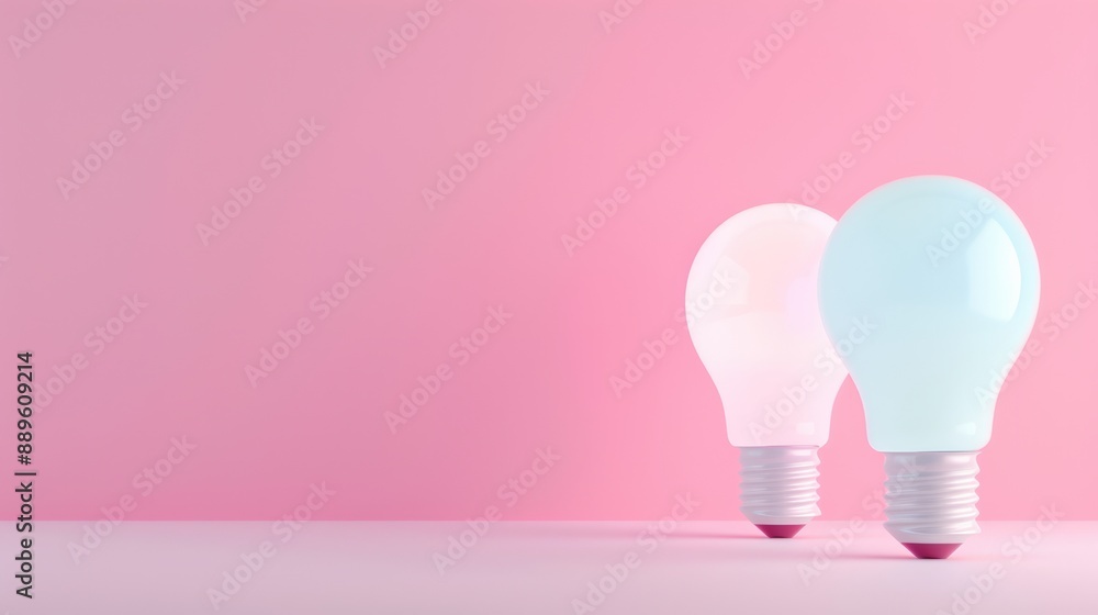 Two light bulbs on a pink background, one glowing and the other off, symbolizing creativity, ideas, and innovation. Two light bulbs on a pink background, one glowing and the other off, symbolizing creativity, ideas, and innovation.