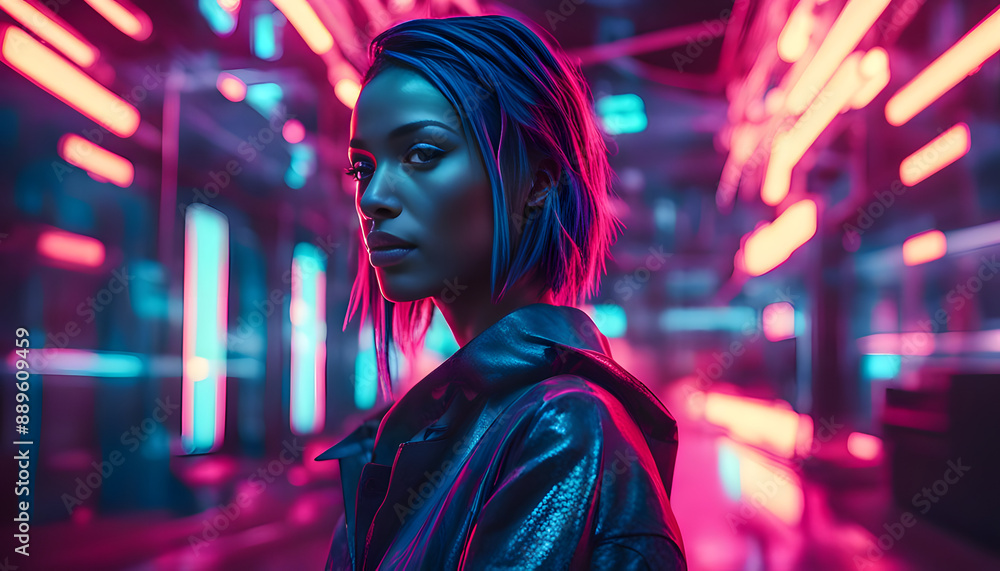Portrait of a woman illuminated by neon lights Portrait of a woman illuminated by neon lights