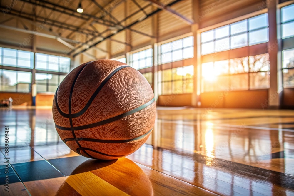 A basketball on the floor of a basketball court. The ball is in close-up. A basketball on the floor of a basketball court. The ball is in close-up.