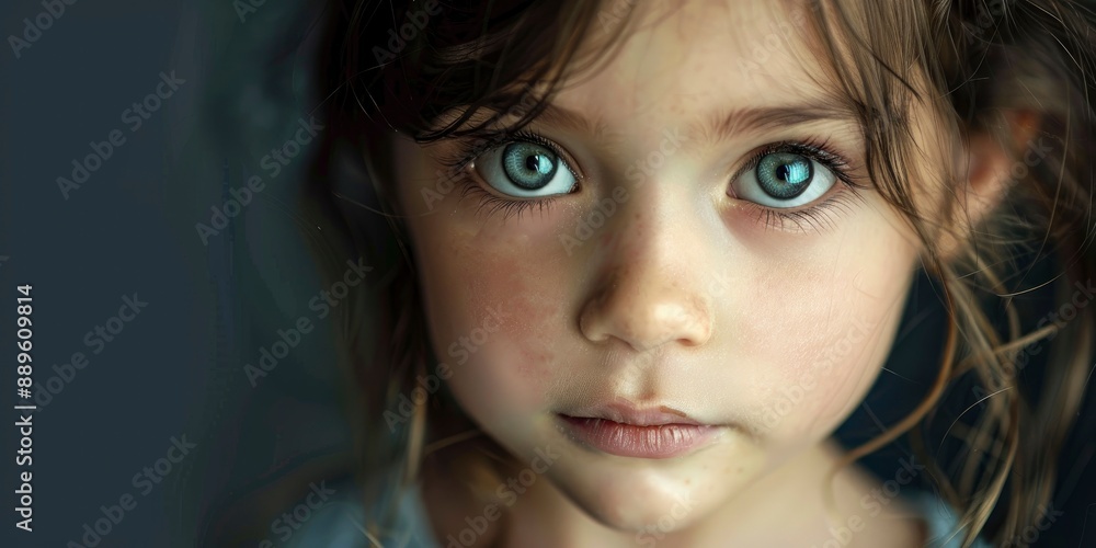 Fototapeta premium Portrait of a cute child, beautiful face with big eyes, dark blurred background