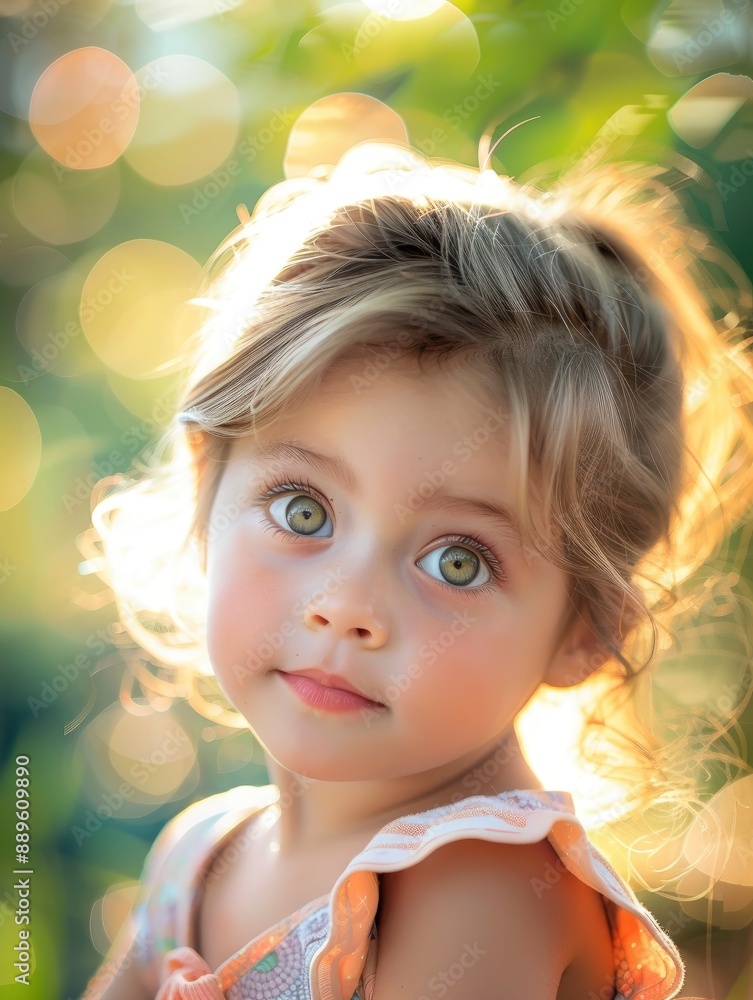 Fototapeta premium Portrait of a cute child, beautiful face with big eyes, light saturated blurred nature background