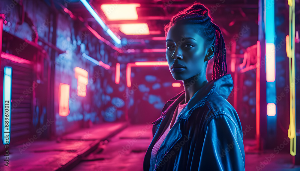 Portrait of a woman illuminated by neon lights Portrait of a woman illuminated by neon lights