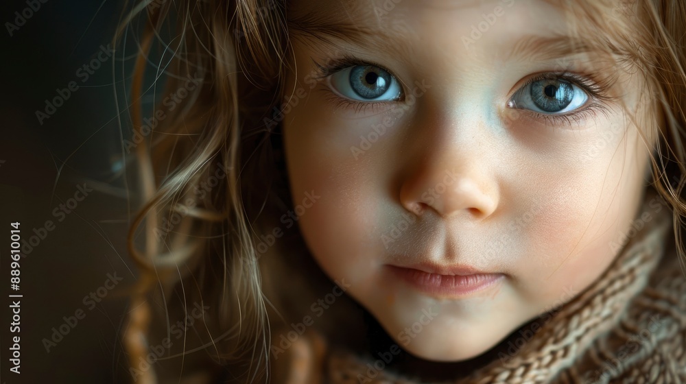 Portrait of a cute child, beautiful face with big eyes, dark blurred background Portrait of a cute child, beautiful face with big eyes, dark blurred background