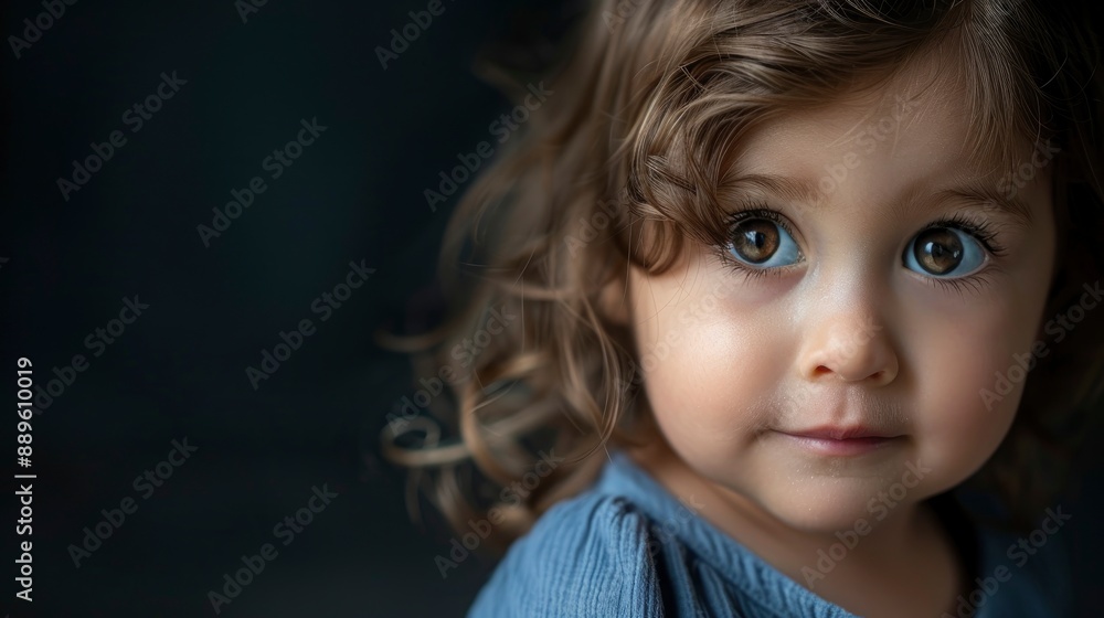 Portrait of a cute child, beautiful face with big eyes, dark blurred background Portrait of a cute child, beautiful face with big eyes, dark blurred background