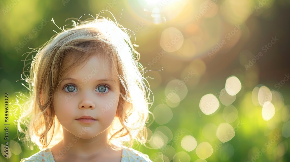 Fototapeta premium Portrait of a cute child, beautiful face with big eyes, light saturated blurred nature background