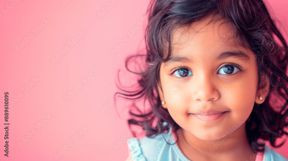 Portrait of a cute indian child, beautiful face with big eyes, pastel color background