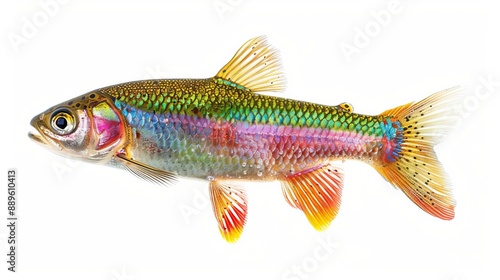 A colorful fish with a detailed, textured pattern on its scales, displayed against a crisp white background, accentuating the vibrant and diverse colors and intricate details. © Damerfie