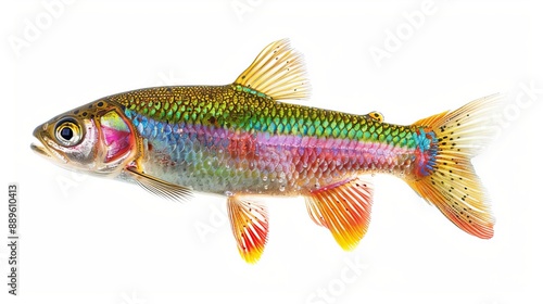 A colorful fish with a detailed, textured pattern on its scales, displayed against a crisp white background, accentuating the vibrant and diverse colors and intricate details.