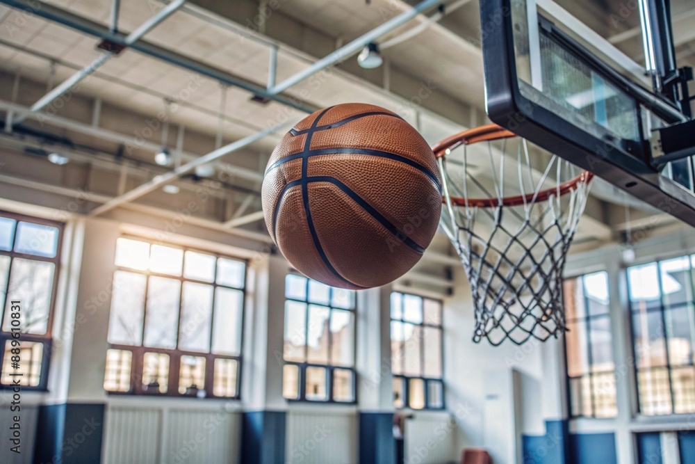 A basketball is flying into the ring on the basketball court. A goal. The ball is in close-up. A basketball is flying into the ring on the basketball court. A goal. The ball is in close-up.