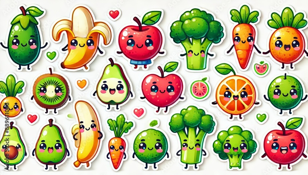 Obraz premium Cartoon-style fruit stickers on a white background, bright and fun. Ideal for kids' crafts, scrapbooking, and DIY projects.