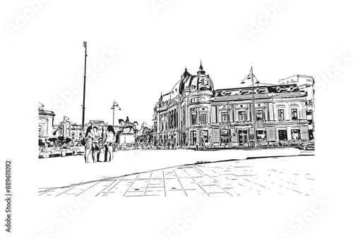 Building view with landmark of Bucharest Romanin. Hand drawn sketch illustration in vector.	