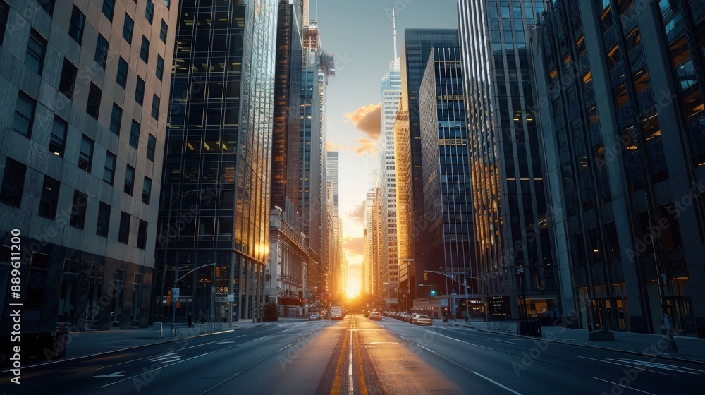 Skyscrapers of a modern city on a sunny day and a long street between them going beyond the horizon Skyscrapers of a modern city on a sunny day and a long street between them going beyond the horizon