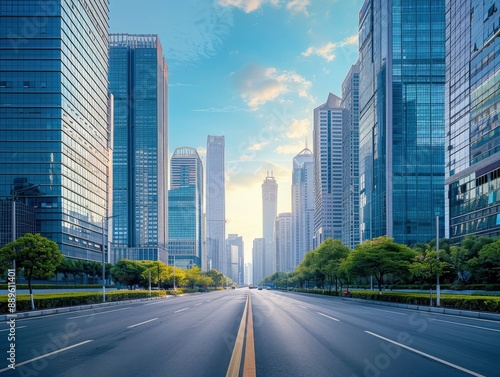Skyscrapers of a modern city on a sunny day and a long street between them going beyond the horizon