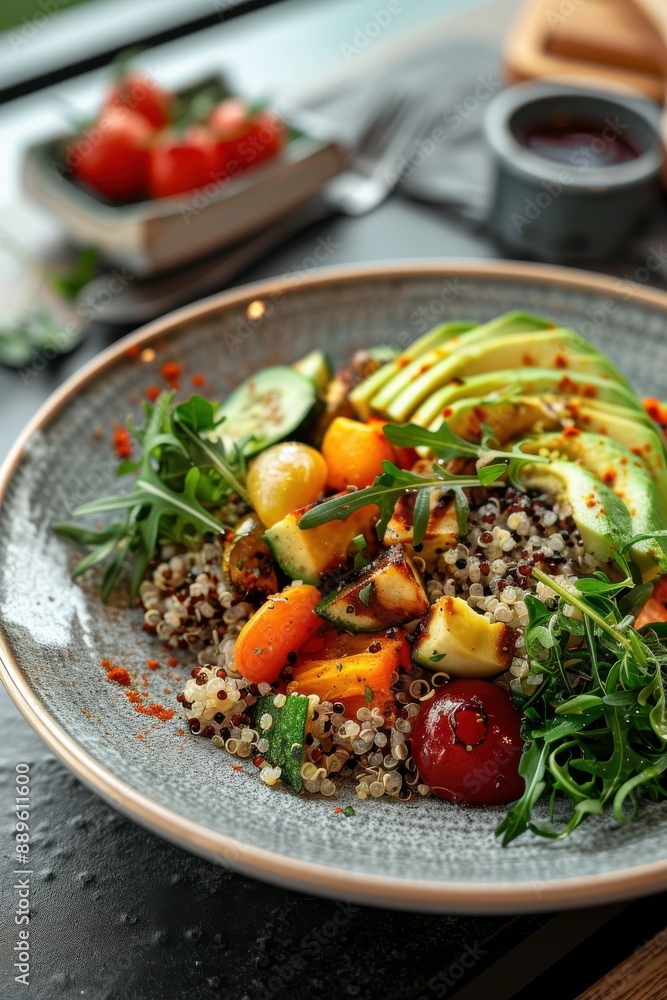 A beautifully plated vegan dish in a stylish restaurant, with quinoa, avocado, and roasted vegetables A beautifully plated vegan dish in a stylish restaurant, with quinoa, avocado, and roasted vegetables