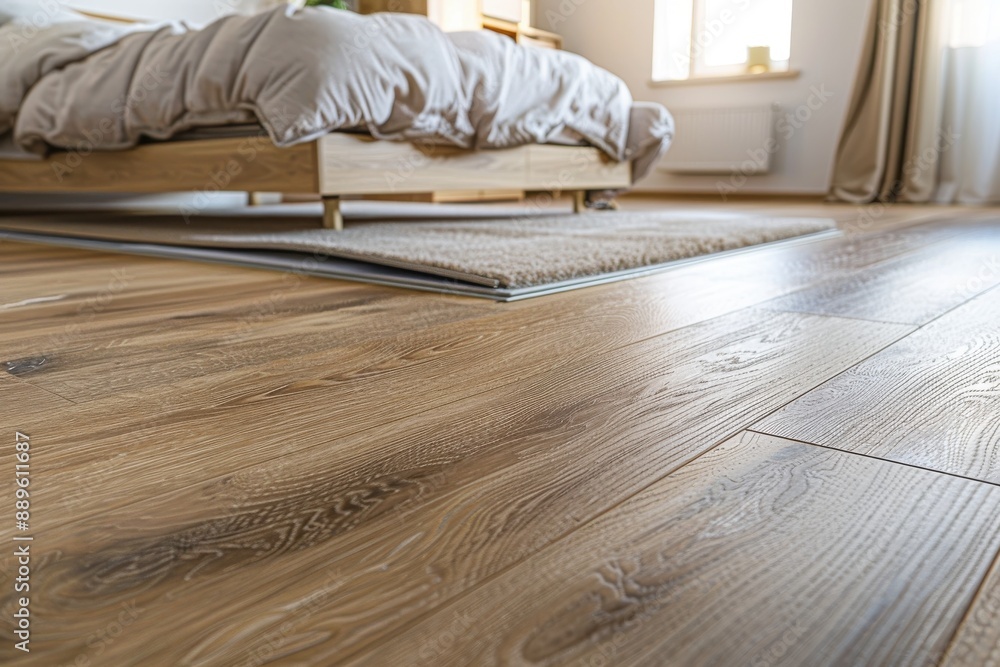 A bedroom with new laminate flooring being installed, with a focus on the transition between old and new flooring A bedroom with new laminate flooring being installed, with a focus on the transition between old and new flooring