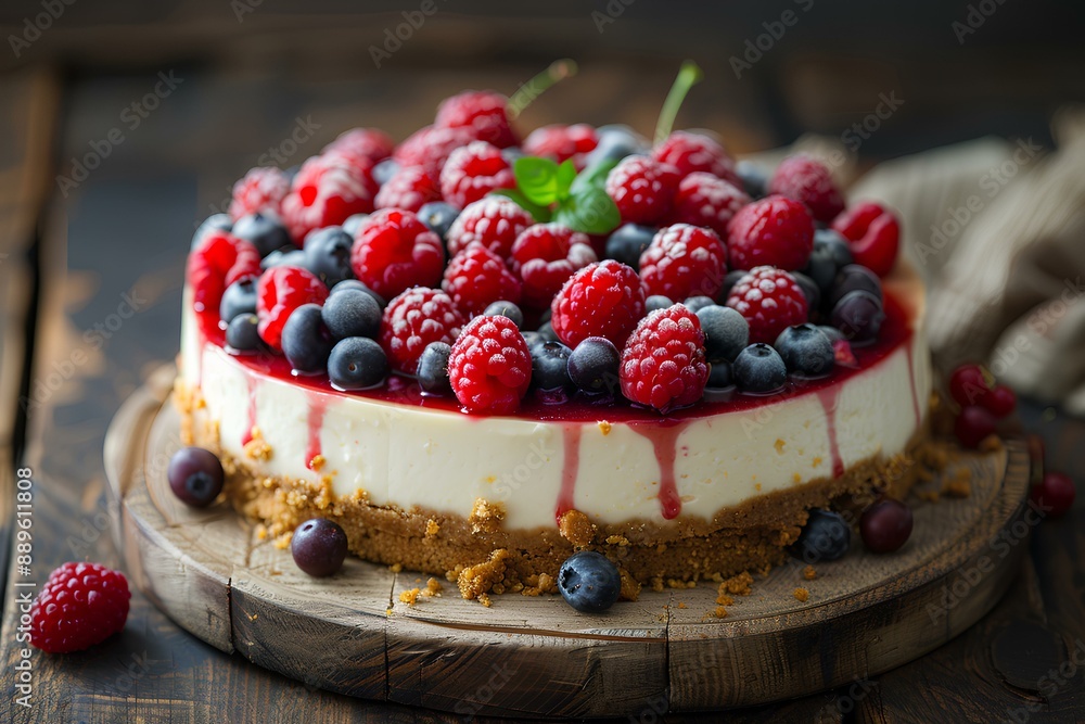 A cheesecake topped with raspberries and blueberries A cheesecake topped with raspberries and blueberries