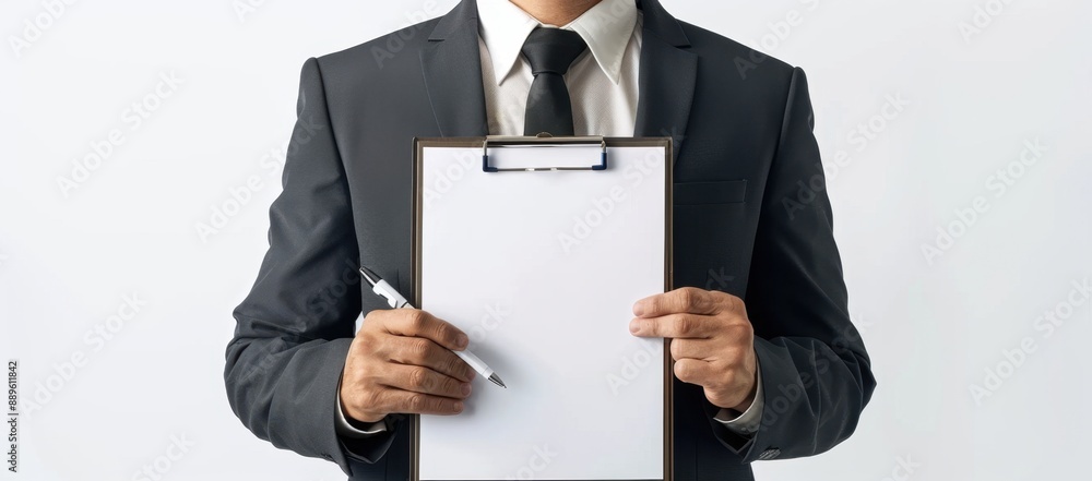 A businessman in a suit holding an empty clipboard and pen ready to sign a contract or form, with blank space for text on a white background Generative AI