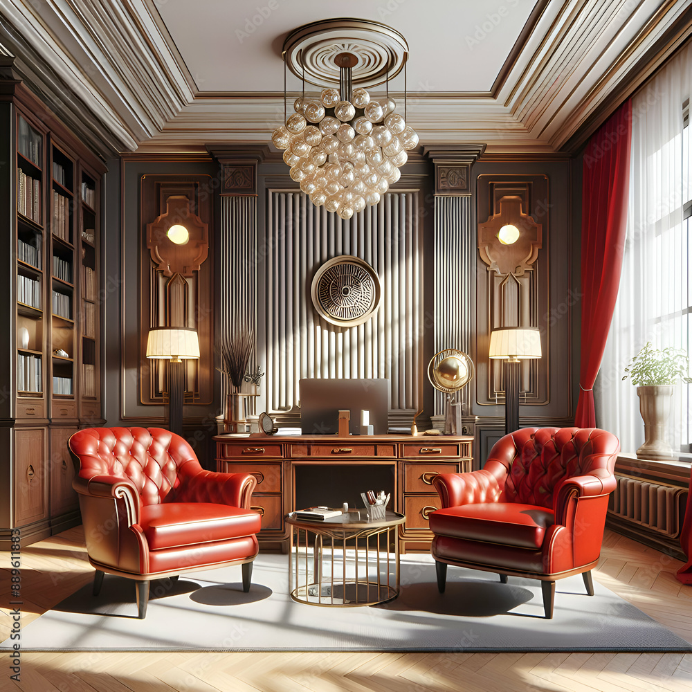 A Study Furnished in Art Deco Style with Coffe Table and Two Red Armchairs and Curtains A Study Furnished in Art Deco Style with Coffe Table and Two Red Armchairs and Curtains