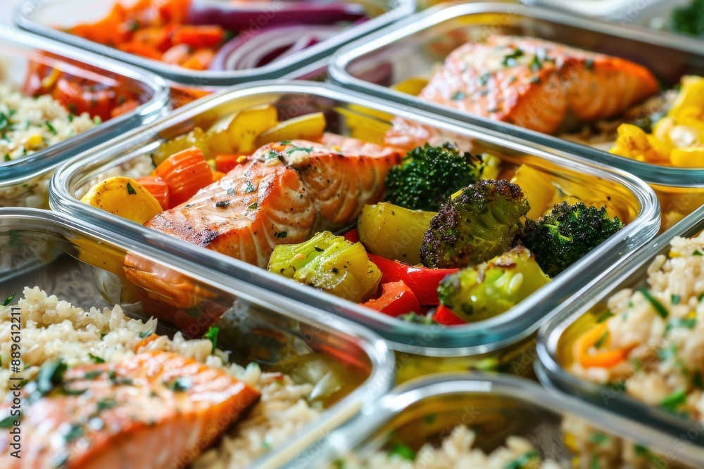 A close-up of meal prep containers filled with roasted vegetables, brown rice, and grilled salmon A close-up of meal prep containers filled with roasted vegetables, brown rice, and grilled salmon
