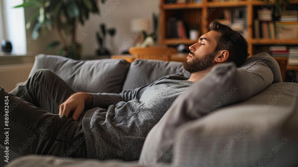 A man, wearing a casual gray outfit, is peacefully resting on a comfortable couch in a cozy living room, surrounded by plants and books, enjoying a moment of relaxation. A man, wearing a casual gray outfit, is peacefully resting on a comfortable couch in a cozy living room, surrounded by plants and books, enjoying a moment of relaxation.