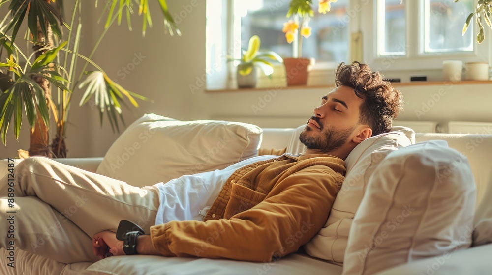 A person wearing casual attire lounges on a minimalist white couch surrounded by natural light and indoor plants, creating a serene and inviting atmosphere in the room. A person wearing casual attire lounges on a minimalist white couch surrounded by natural light and indoor plants, creating a serene and inviting atmosphere in the room.