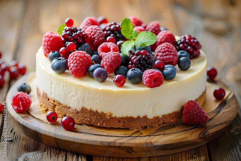 A cheesecake topped with raspberries and blueberries A cheesecake topped with raspberries and blueberries