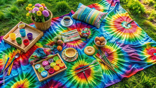 Vibrant tiedye fabric, art supplies, and picnic treats are arranged on a colorful blanket surrounded by lush greenery, inviting creativity and outdoor relaxation.