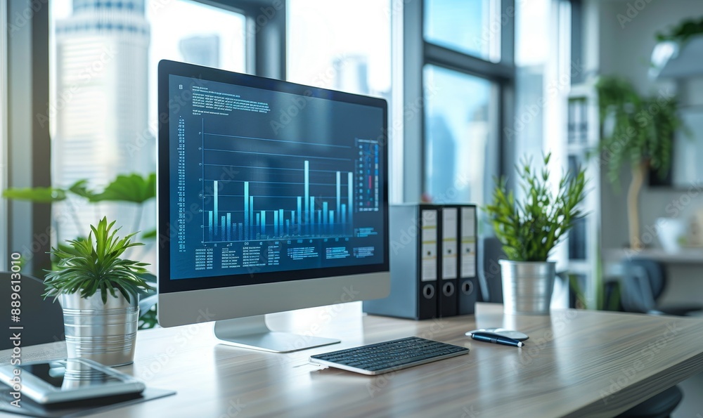 Fototapeta premium Computer Monitor with Finance Statistical Data Software and Progressive User Interface Standing on the Desk in the Modern Business Office. In the Background Glass Wall with Big City, Generative AI