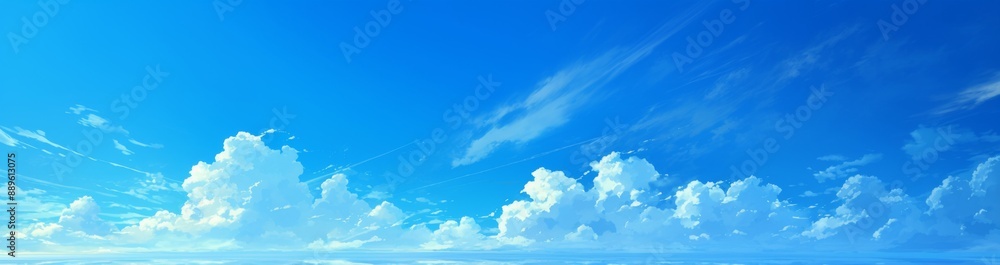 Blue sky with white clouds, panoramic view, horizontal composition Blue sky with white clouds, panoramic view, horizontal composition