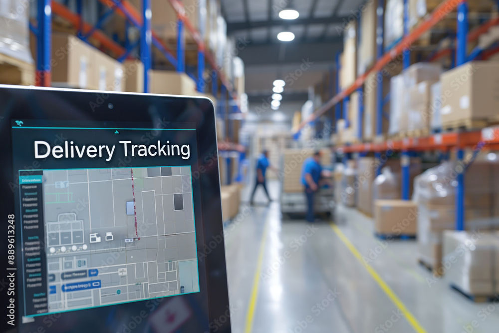 Delivery tracking screen in a large warehouse with shelves full of inventory and workers in the background. Supply chain management, inventory tracking, logistics technology Delivery tracking screen in a large warehouse with shelves full of inventory and workers in the background. Supply chain management, inventory tracking, logistics technology
