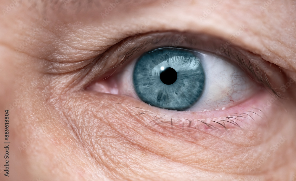 Obraz premium close-up mature female eye looking to side, concept of patient care, wrinkles around eyes, upper eyelid, vision check, hyperopia correction, health science