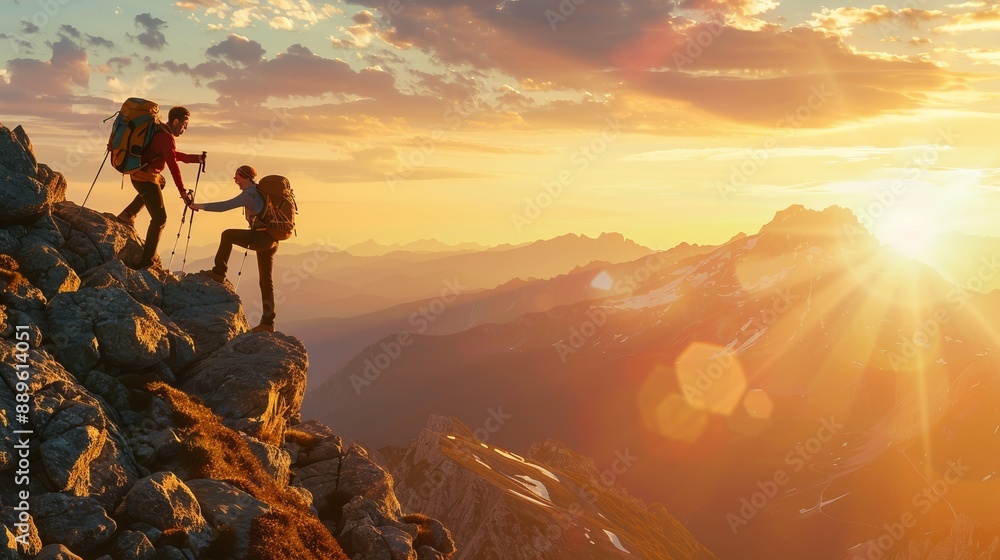 Fototapeta premium A vibrant sunrise lights up the sky as two hikers share a moment atop a steep mountain peak, representing mutual support, perseverance, and the beauty of nature.