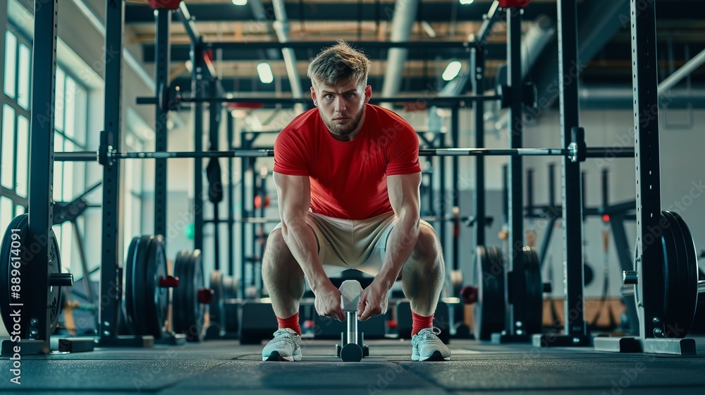 A determined man engages in an intense weightlifting session at the gym, lifting heavy weights and showcasing his strength and commitment amidst modern gym facilities. A determined man engages in an intense weightlifting session at the gym, lifting heavy weights and showcasing his strength and commitment amidst modern gym facilities.