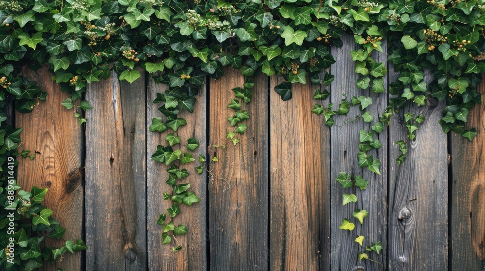 Obraz premium Ivy covered wooden fence in garden with space for text