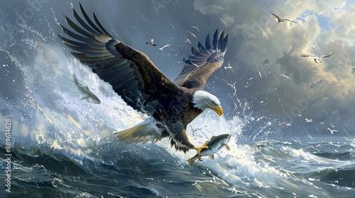 A bald eagle captures a fish mid-flight over a stormy sea, its wings spread wide against a dramatic sky, embodying strength and precision in nature's harsh conditions. photo